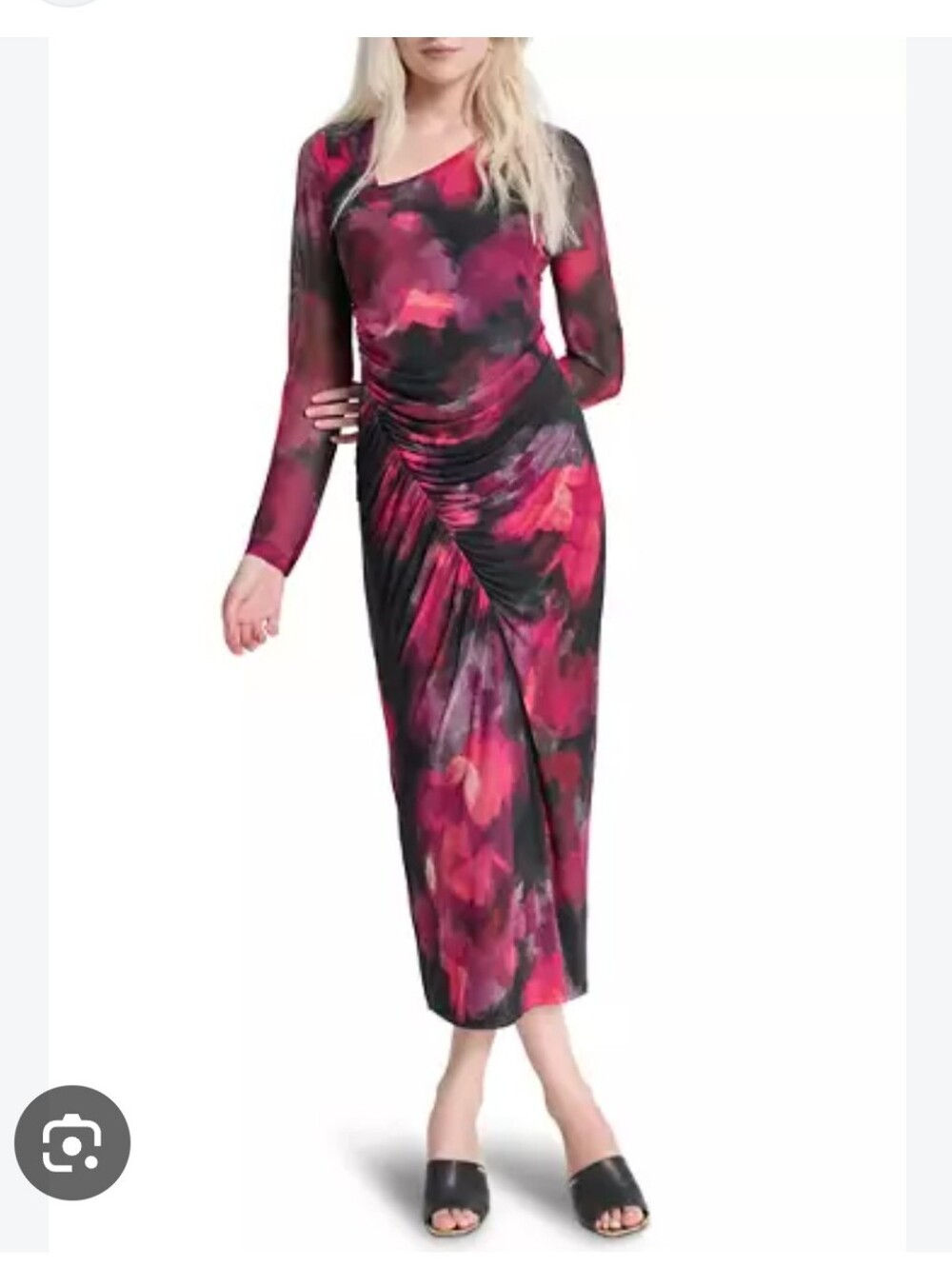 DKNY Size 10 Black Pink Floral Ruched Mesh Midi Dress Long Sleeve Bodycon Boho